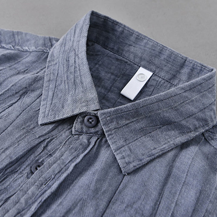 Buddha Stones Solid Langarm Stehkragen Falten Button Down Ramie Leinen Herrenhemden - image 1