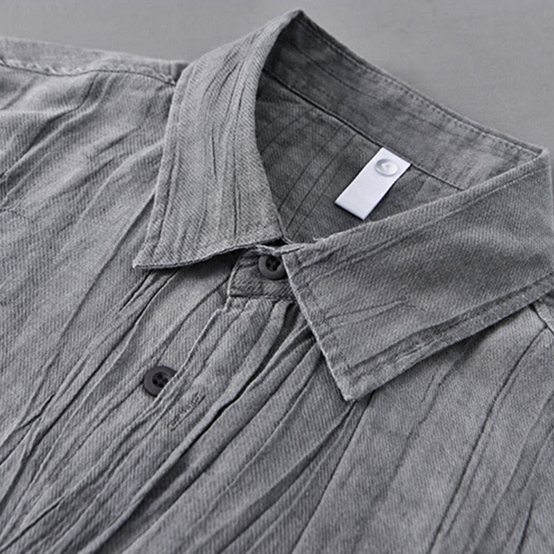 Buddha Stones Solid Langarm Stehkragen Falten Button Down Ramie Leinen Herrenhemden - image 5