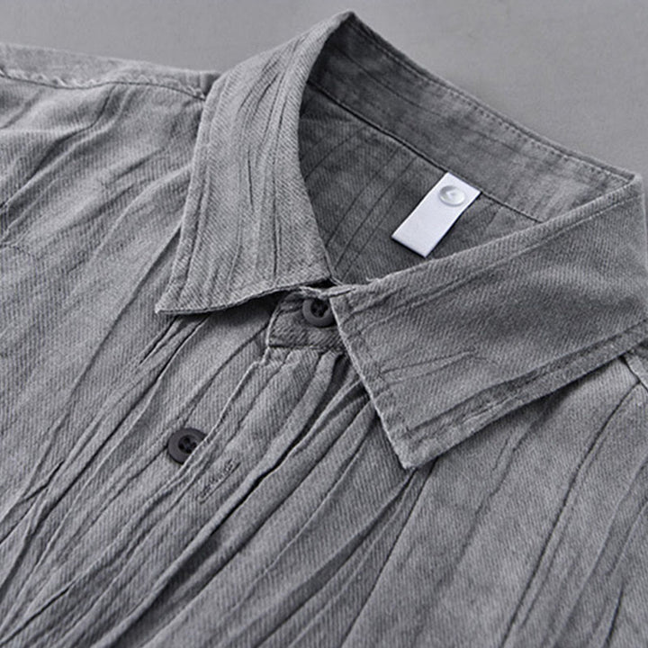 Buddha Stones Solid Langarm Stehkragen Falten Button Down Ramie Leinen Herrenhemden - image 5