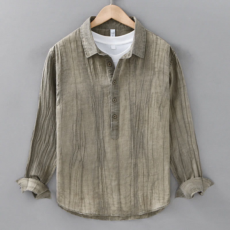 Buddha Stones Solid Langarm Stehkragen Falten Halbknopf Ramie Leinen Herrenhemden - DunkelKhaki - US/ UK/AU42，EU52 (3XL) - image 15