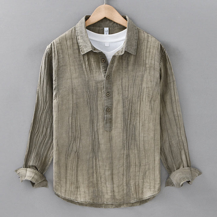 Buddha Stones Solid Langarm Stehkragen Falten Halbknopf Ramie Leinen Herrenhemden - DunkelKhaki - US/ UK/AU42，EU52 (3XL) - image 15