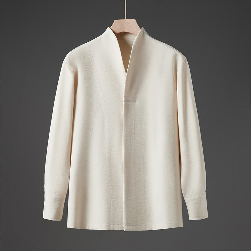Buddha Stones Solid Fall Langarm Versteckter Halbknopf Design Herrenhemden - Beige - US/ UK/AU46，EU56 (5XL) - image 0