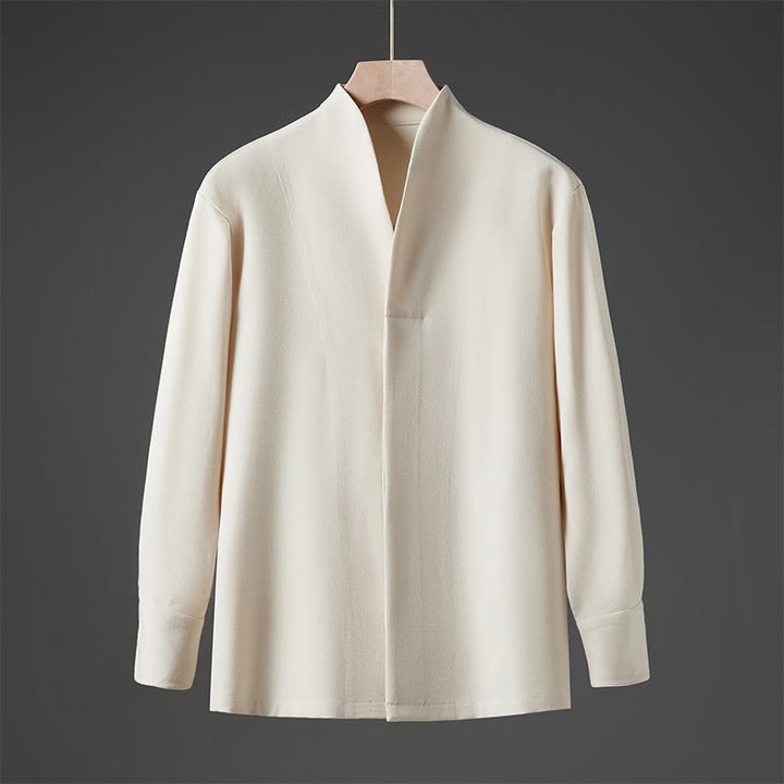 Buddha Stones Solid Fall Langarm Versteckter Halbknopf Design Herrenhemden - Beige - US/ UK/AU46，EU56 (5XL) - image 0