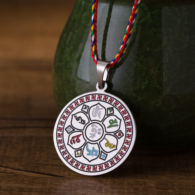 Buddha Stones ​​Bunte Om Mani Padme Hum Titan Stahl Schutz Seil Halskette Anhänger - Silbrig - image 0