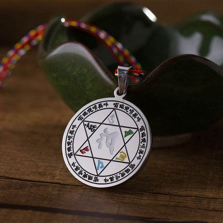 Buddha Stones ​​Bunte Om Mani Padme Hum Titan Stahl Schutz Seil Halskette Anhänger - image 3