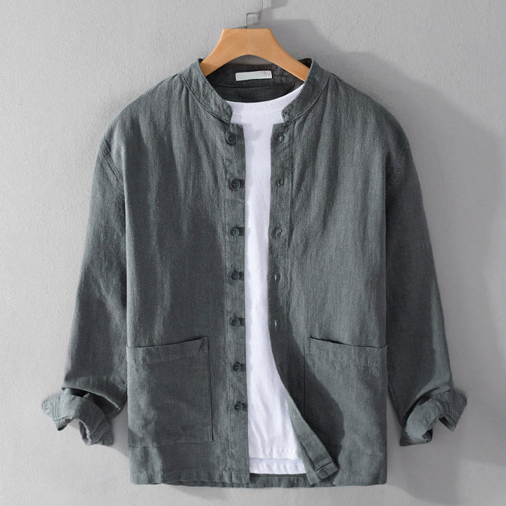 Buddha Stones Solid Langarm Button Down Ramie Baumwolle Herrenhemden mit Taschen - Grau - US/ UK/AU42，EU52 (3XL) - image 0
