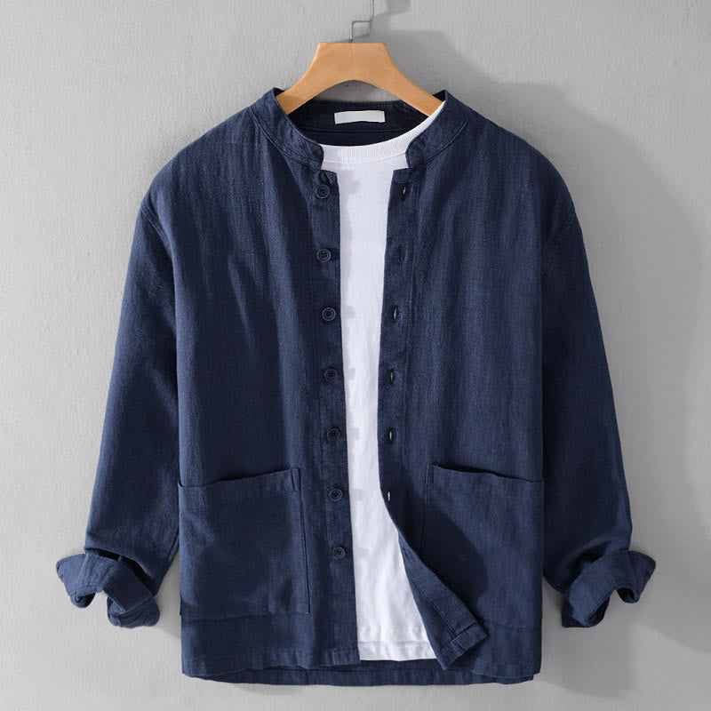 Buddha Stones Solid Langarm Button Down Ramie Baumwolle Herrenhemden mit Taschen - Stahlblau - US/ UK/AU42，EU52 (3XL) - image 19