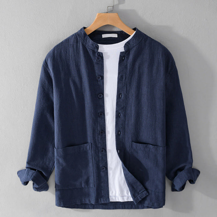 Buddha Stones Solid Langarm Button Down Ramie Baumwolle Herrenhemden mit Taschen - Stahlblau - US/ UK/AU42，EU52 (3XL) - image 19