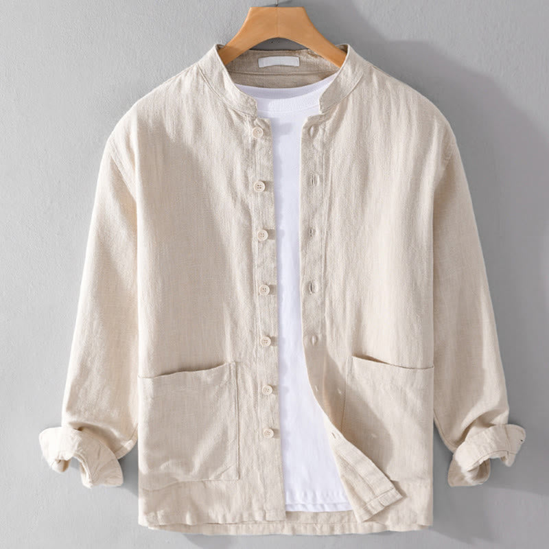 Buddha Stones Solid Langarm Button Down Ramie Baumwolle Herrenhemden mit Taschen - Beige - US/ UK/AU42，EU52 (3XL) - image 8
