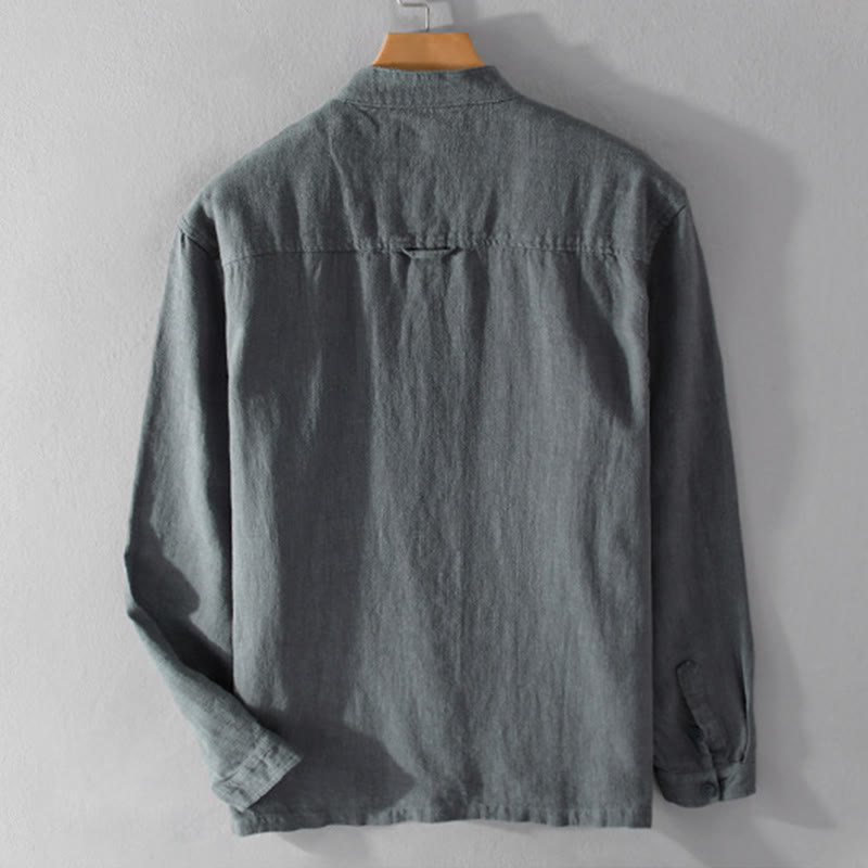 Buddha Stones Solid Langarm Button Down Ramie Baumwolle Herrenhemden mit Taschen - image 2