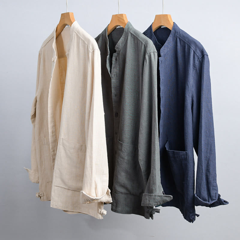 Buddha Stones Solid Langarm Button Down Ramie Baumwolle Herrenhemden mit Taschen - image 1