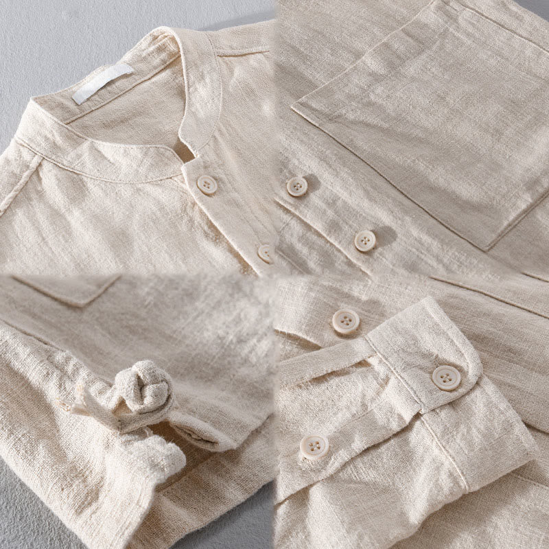 Buddha Stones Solid Langarm Button Down Ramie Baumwolle Herrenhemden mit Taschen - image 16