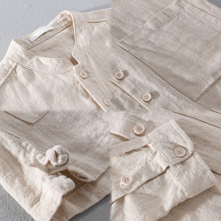 Buddha Stones Solid Langarm Button Down Ramie Baumwolle Herrenhemden mit Taschen - image 16