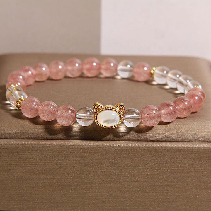 Buddha Stones Katze Natur Erdbeerquarz Weiß Kristall Perlen Heilung Armband - Erdbeerquarz (Handgelenkumfang: 15–17 cm) - image 0