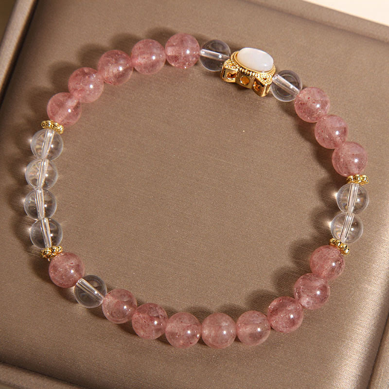 Buddha Stones Katze Natur Erdbeerquarz Weiß Kristall Perlen Heilung Armband - image 3