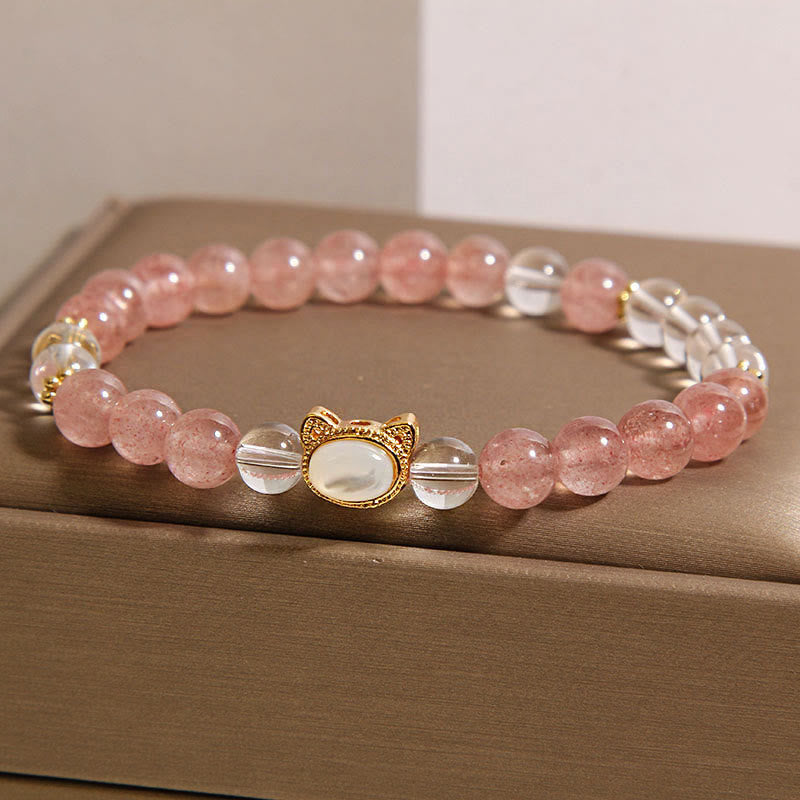 Buddha Stones Katze Natur Erdbeerquarz Weiß Kristall Perlen Heilung Armband - image 1