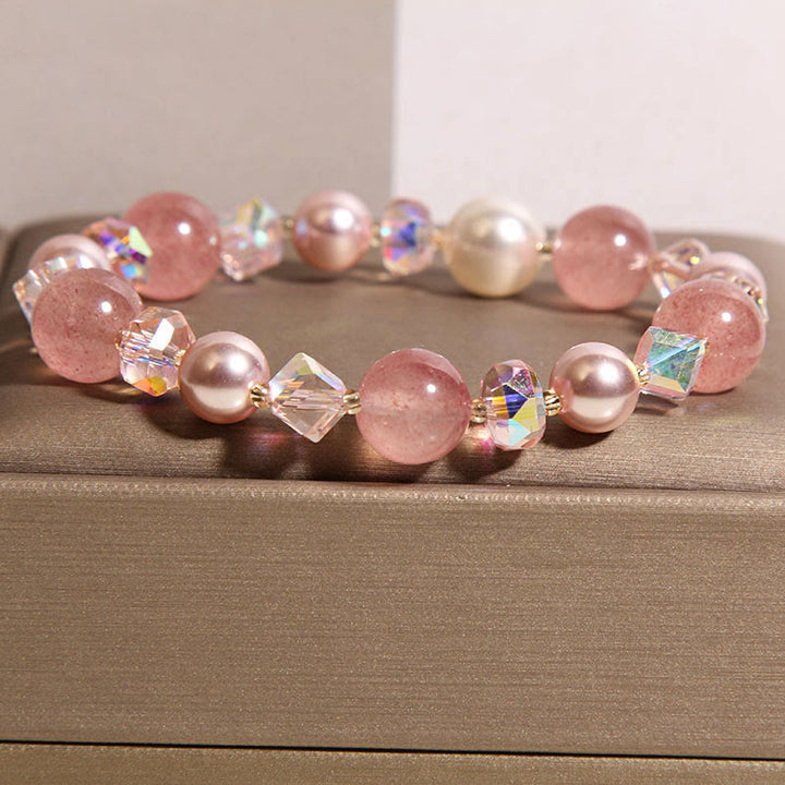 Buddha Stones Natürliches Erdbeerquarz-Armband mit weißen Kristallperlen - image 3