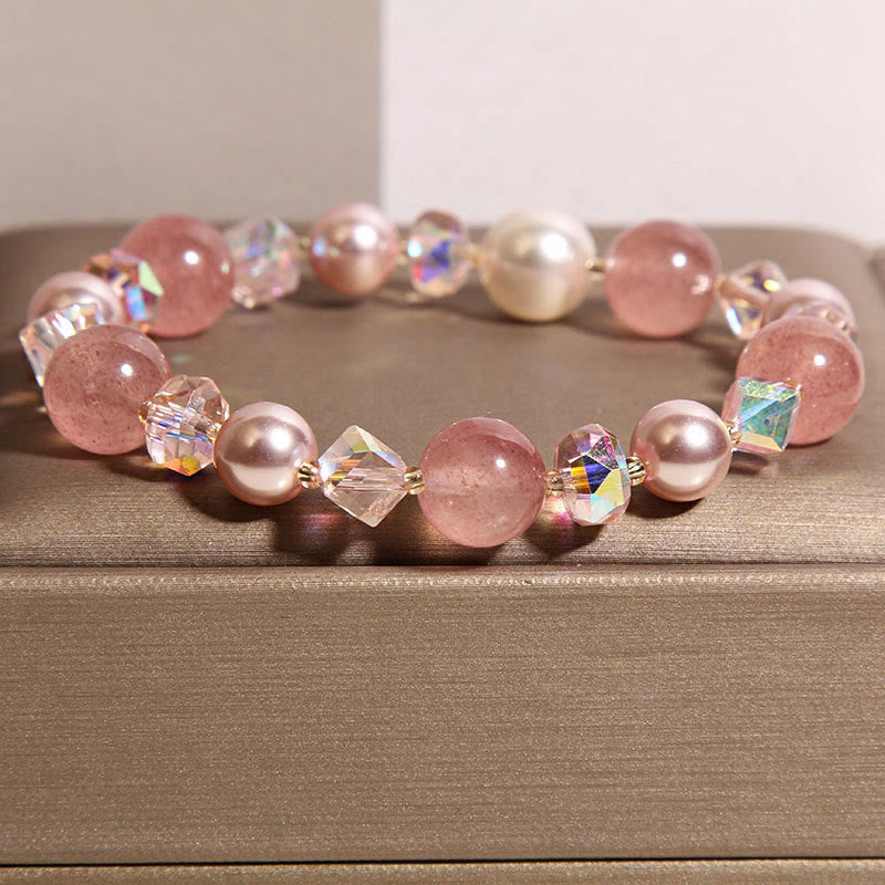 Buddha Stones Natürliches Erdbeerquarz-Armband mit weißen Kristallperlen - image 1