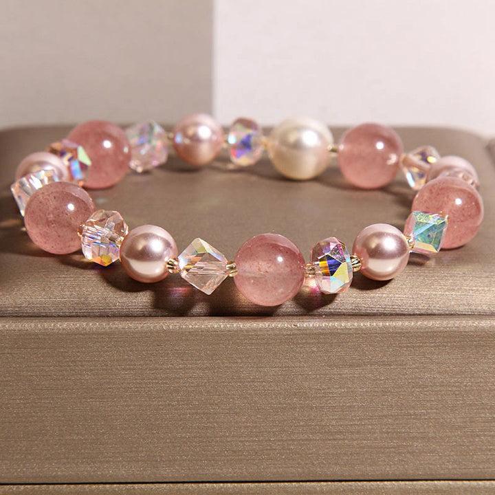 Buddha Stones Natürliches Erdbeerquarz-Armband mit weißen Kristallperlen - image 1