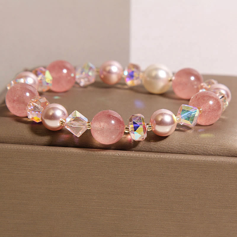 Buddha Stones Natürliches Erdbeerquarz-Armband mit weißen Kristallperlen - image 2