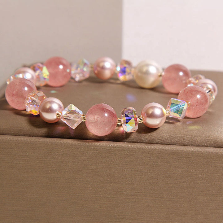 Buddha Stones Natürliches Erdbeerquarz-Armband mit weißen Kristallperlen - image 2