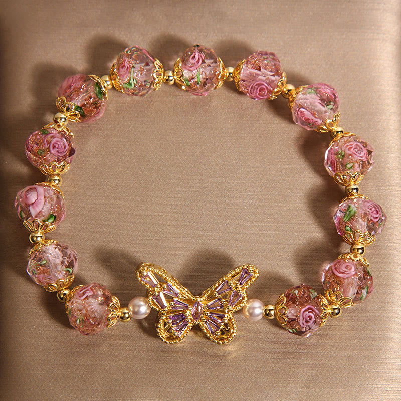 Buddha Stones Natürliches Schmetterlings-Rose-Design Rosa Kristall Wärme Armband - image 2