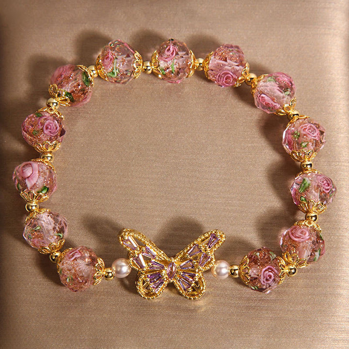 Buddha Stones Natürliches Schmetterlings-Rose-Design Rosa Kristall Wärme Armband - image 2
