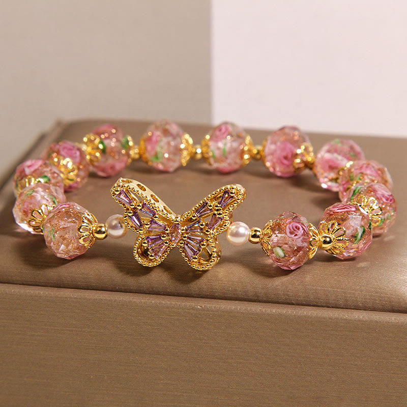 Buddha Stones Natürliches Schmetterlings-Rose-Design Rosa Kristall Wärme Armband - image 1