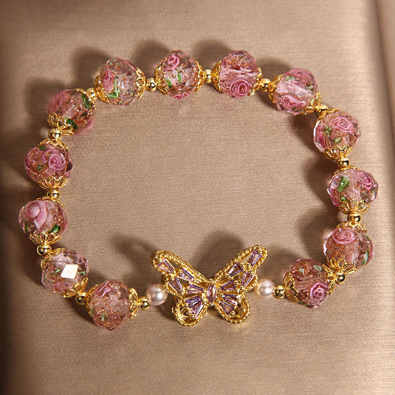 Buddha Stones Natürliches Schmetterlings-Rose-Design Rosa Kristall Wärme Armband - image 3