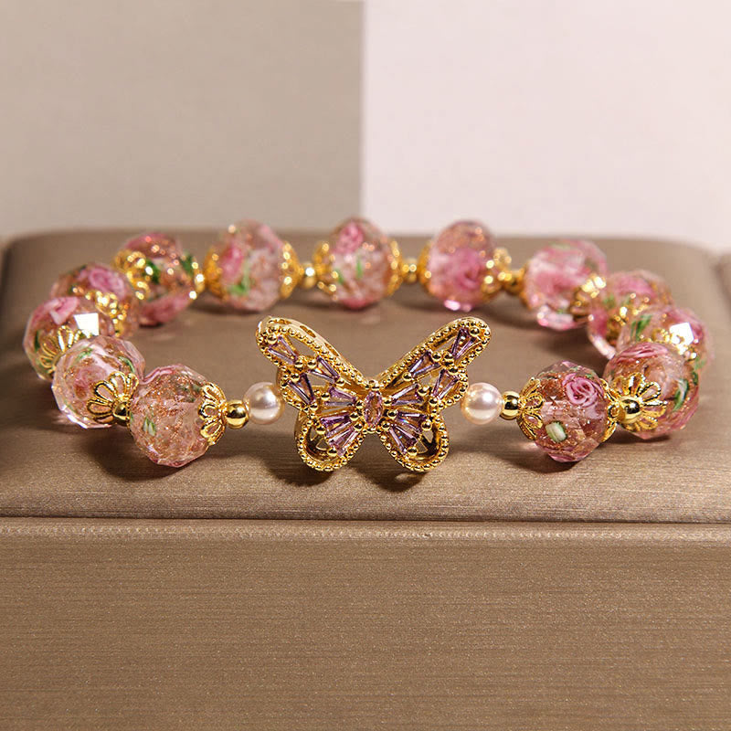 Buddha Stones Natürliches Schmetterlings-Rose-Design Rosa Kristall Wärme Armband - Rosa Kristall (Handgelenkumfang: 15–17 cm) - image 0