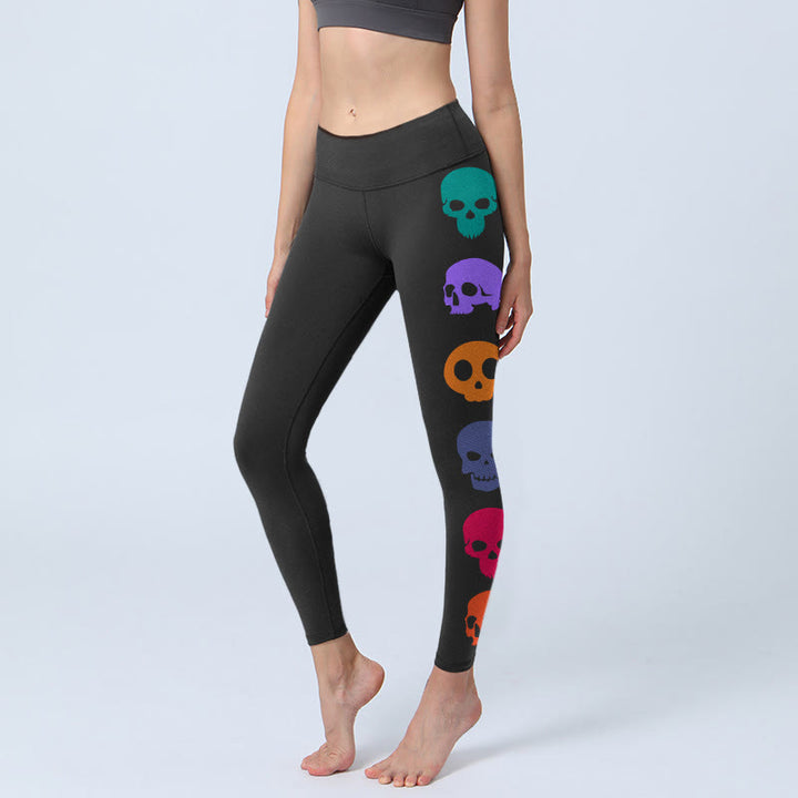 Buddha Stones Bunte Totenköpfe Print Gym Leggings Damen Yogahose - Schwarz - US18， UK/AU22，EU50 (4XL) - image 0