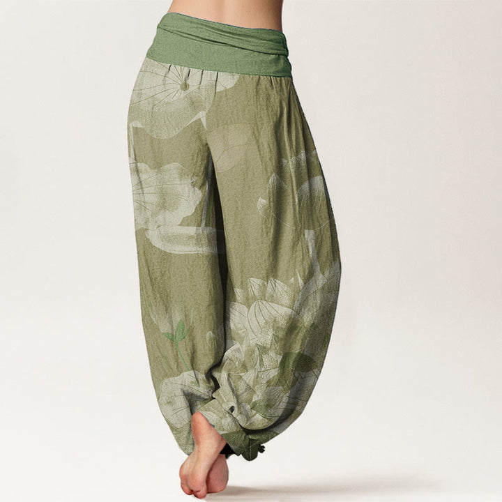 Buddha Stones Damen-Haremshose aus reiner Baumwolle mit elastischer Taille, rosa und weiß, Lotus - image 9
