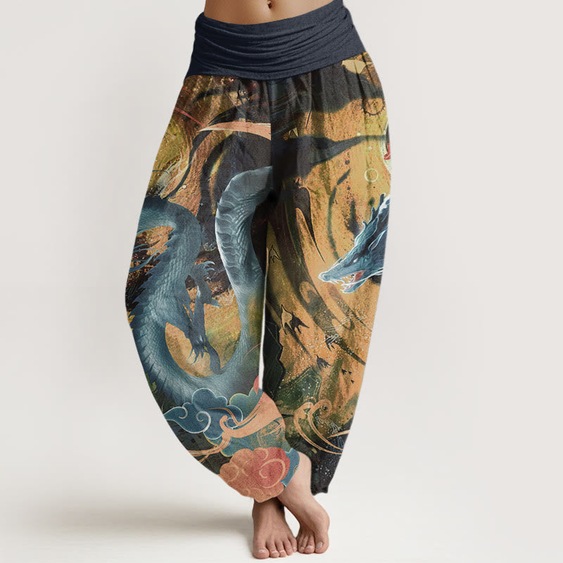 Haremshose aus reiner Baumwolle mit Buddha Stones und Drachen-Muster, glückverheißenden Wolken, elastischer Bund für Damen - Mitternachtsblau - US22， UK/AU26，EU54 (6XL) - image 8