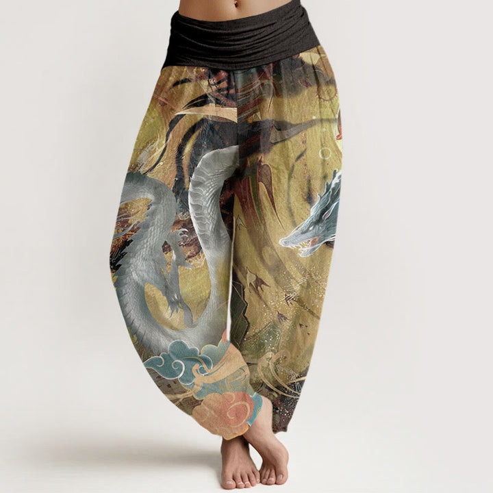 Haremshose aus reiner Baumwolle mit Buddha Stones und Drachen-Muster, glückverheißenden Wolken, elastischer Bund für Damen - Gelb - US22, UK/AU26, EU54 (6XL) - image 0