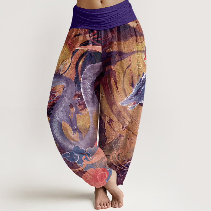 Haremshose aus reiner Baumwolle mit Buddha Stones und Drachen-Muster, glückverheißenden Wolken, elastischer Bund für Damen - Lila - US22， UK/AU26，EU54 (6XL) - image 5