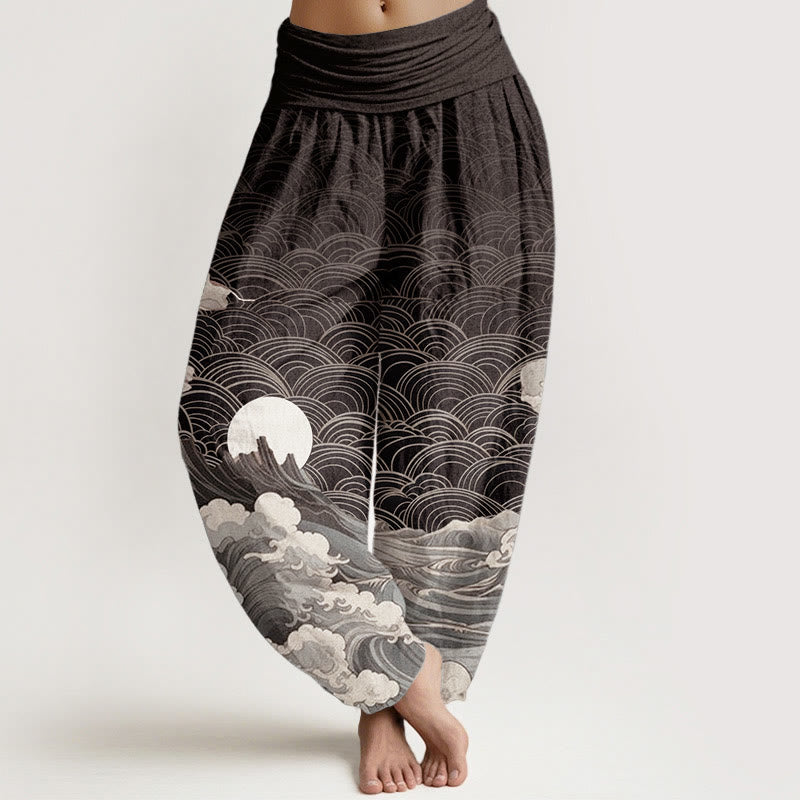Buddha Stones Damen Haremshose aus reiner Baumwolle mit Wellen-, Mond- und Bergmuster und elastischer Taille - Schwarz - US22， UK/AU26，EU54 (6XL) - image 0