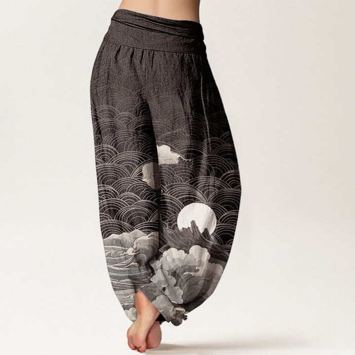 Buddha Stones Damen Haremshose aus reiner Baumwolle mit Wellen-, Mond- und Bergmuster und elastischer Taille - image 1