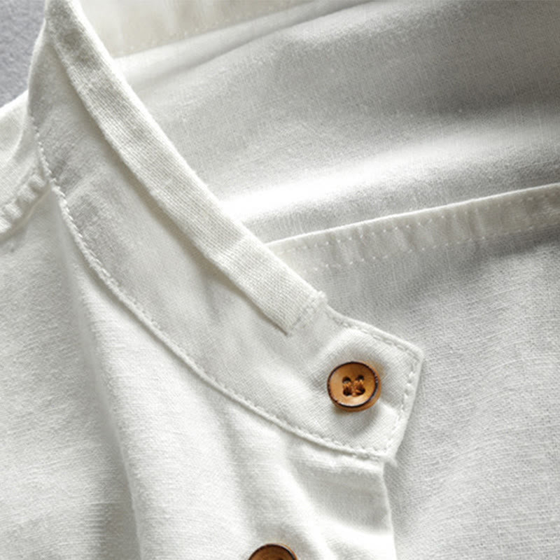 Buddha Stones Slim Fit Design Stehkragen Rundhals Baumwoll-Leinen Herren Langarmhemd - image 6