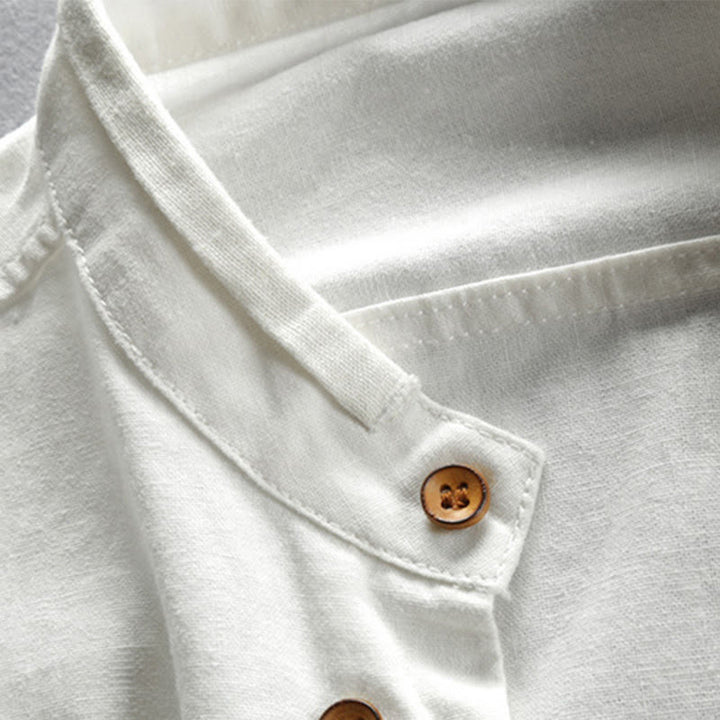 Buddha Stones Slim Fit Design Stehkragen Rundhals Baumwoll-Leinen Herren Langarmhemd - image 6