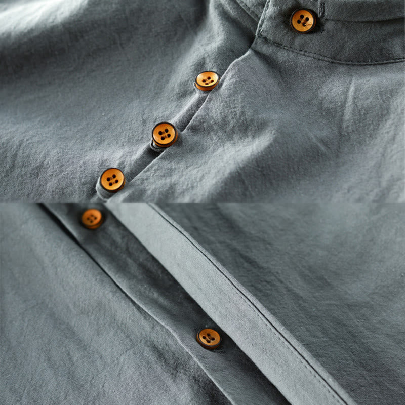 Buddha Stones Herren Slim Fit Design Stehkragen Rundhals Langarm Baumwoll-Leinenhemd - image 11