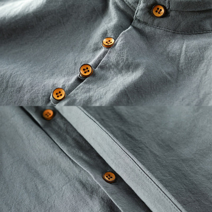 Buddha Stones Herren Slim Fit Design Stehkragen Rundhals Langarm Baumwoll-Leinenhemd - image 11