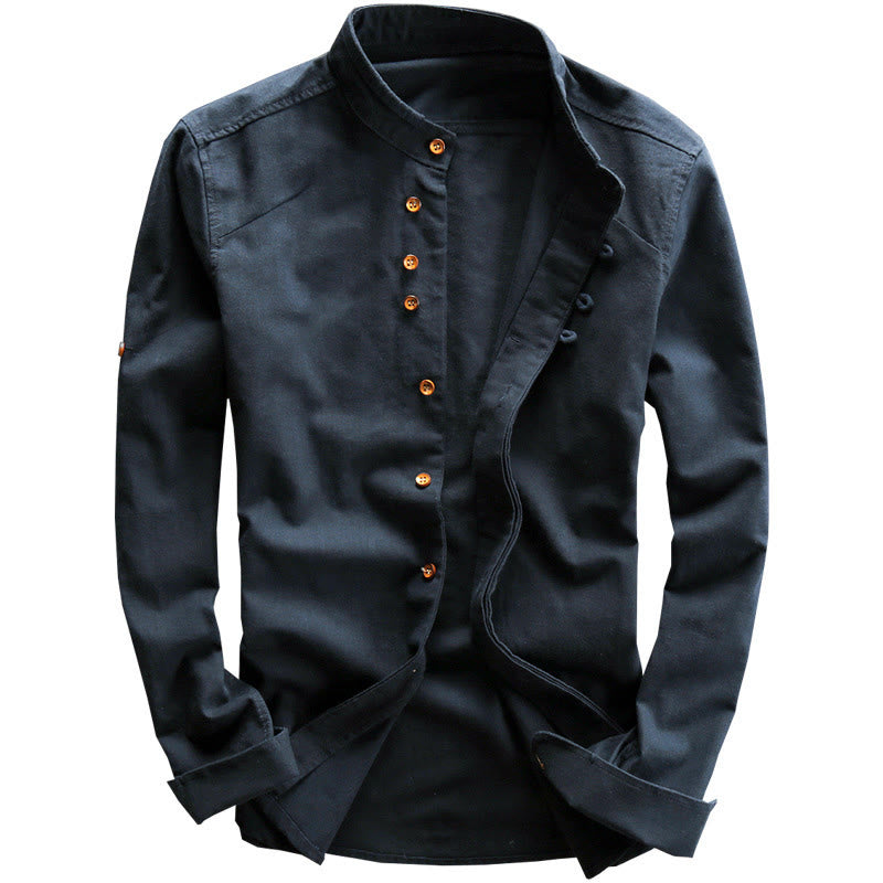 Buddha Stones Herren Slim Fit Design Stehkragen Rundhals Langarm Baumwoll-Leinenhemd - image 2