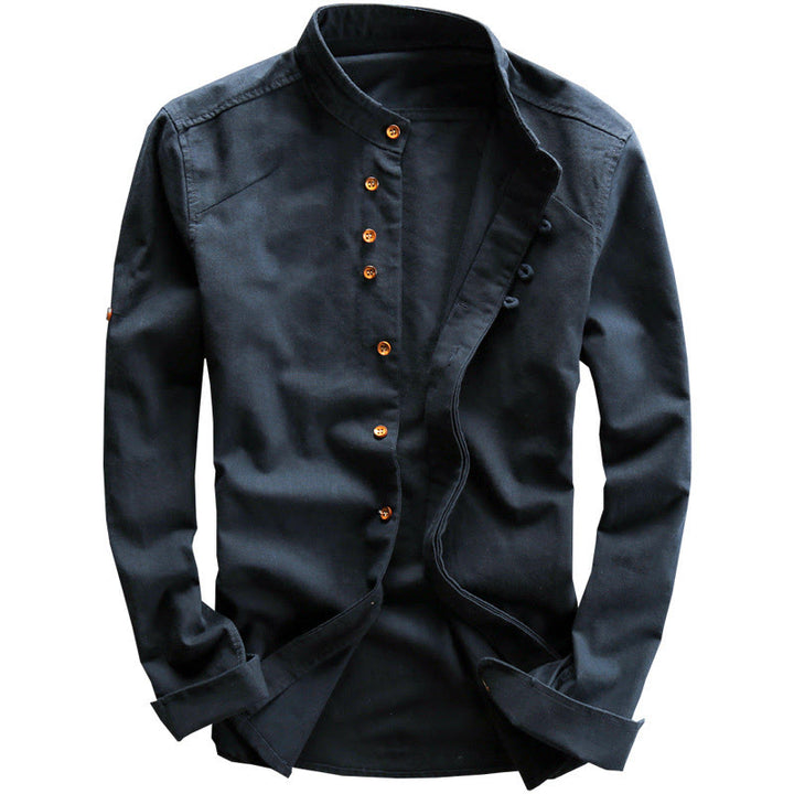 Buddha Stones Herren Slim Fit Design Stehkragen Rundhals Langarm Baumwoll-Leinenhemd - image 2