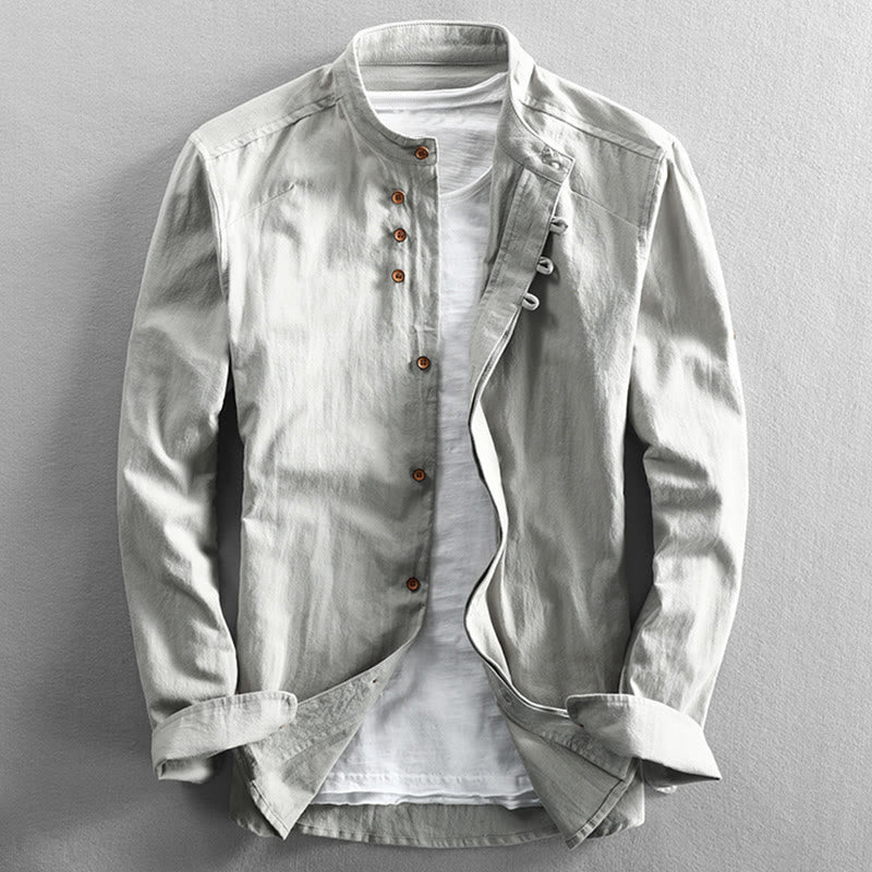 Buddha Stones Herren Slim Fit Design Stehkragen Rundhals Langarm Baumwoll-Leinenhemd - Weißer Rauch - US/ UK/AU50, EU60 (7XL) - image 12