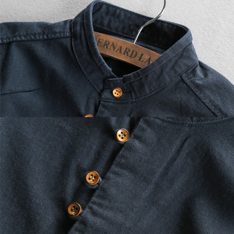 Buddha Stones Herren Slim Fit Design Stehkragen Rundhals Langarm Baumwoll-Leinenhemd - image 1