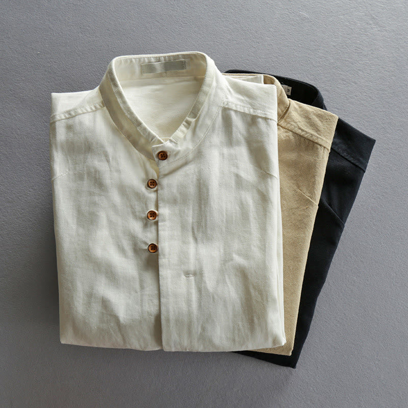 Buddha Stones Herren Slim Fit Design Stehkragen Rundhals Langarm Baumwoll-Leinenhemd - image 13