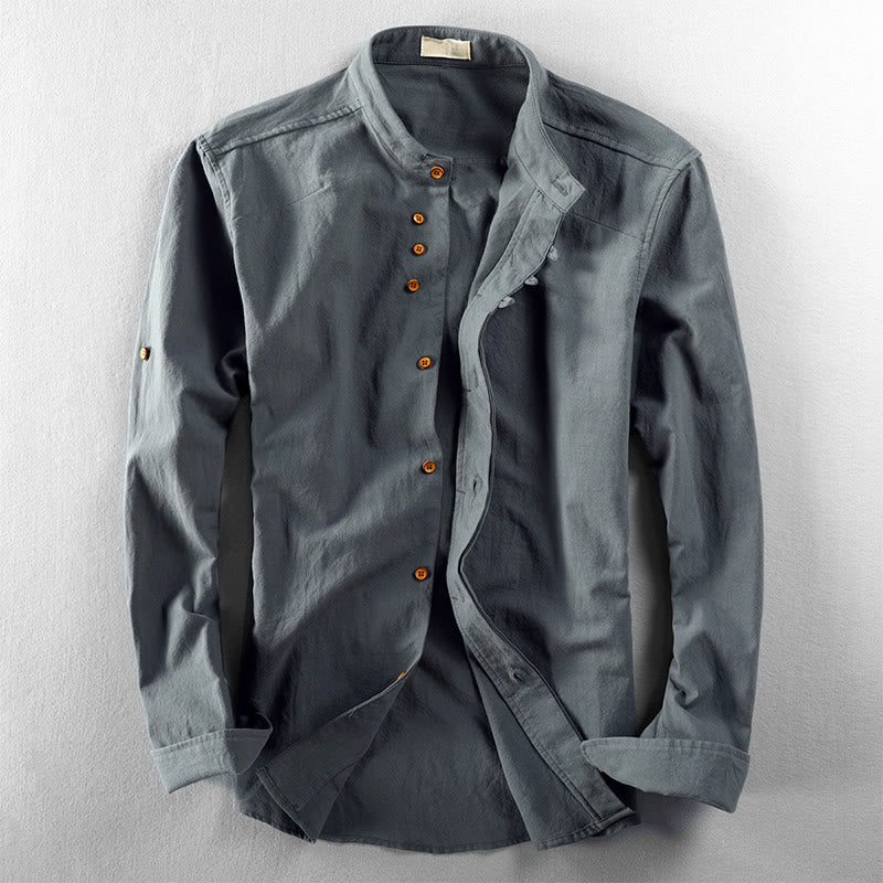 Buddha Stones Herren Slim Fit Design Stehkragen Rundhals Langarm Baumwoll-Leinenhemd - Kadettenblau - US/ UK/AU48, EU58 (7XL) - image 10
