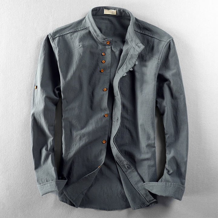 Buddha Stones Herren Slim Fit Design Stehkragen Rundhals Langarm Baumwoll-Leinenhemd - Kadettenblau - US/ UK/AU48, EU58 (7XL) - image 10
