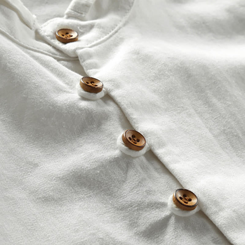 Buddha Stones Herren Slim Fit Design Stehkragen Rundhals Langarm Baumwoll-Leinenhemd - image 5