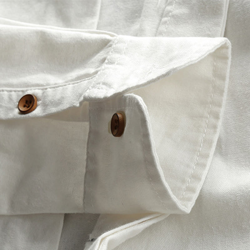 Buddha Stones Herren Slim Fit Design Stehkragen Rundhals Langarm Baumwoll-Leinenhemd - image 9